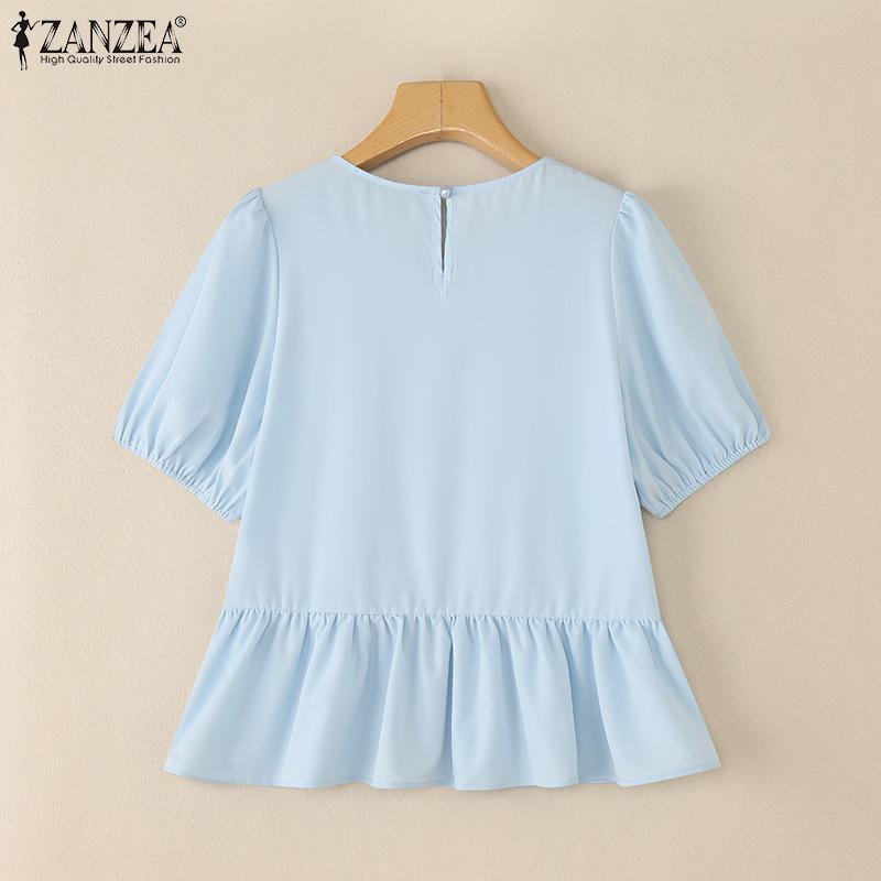 ZANZEA Женские повседневные футболки с круглым вырезом, крючком, пэчворк, летние, с коротким рукавом