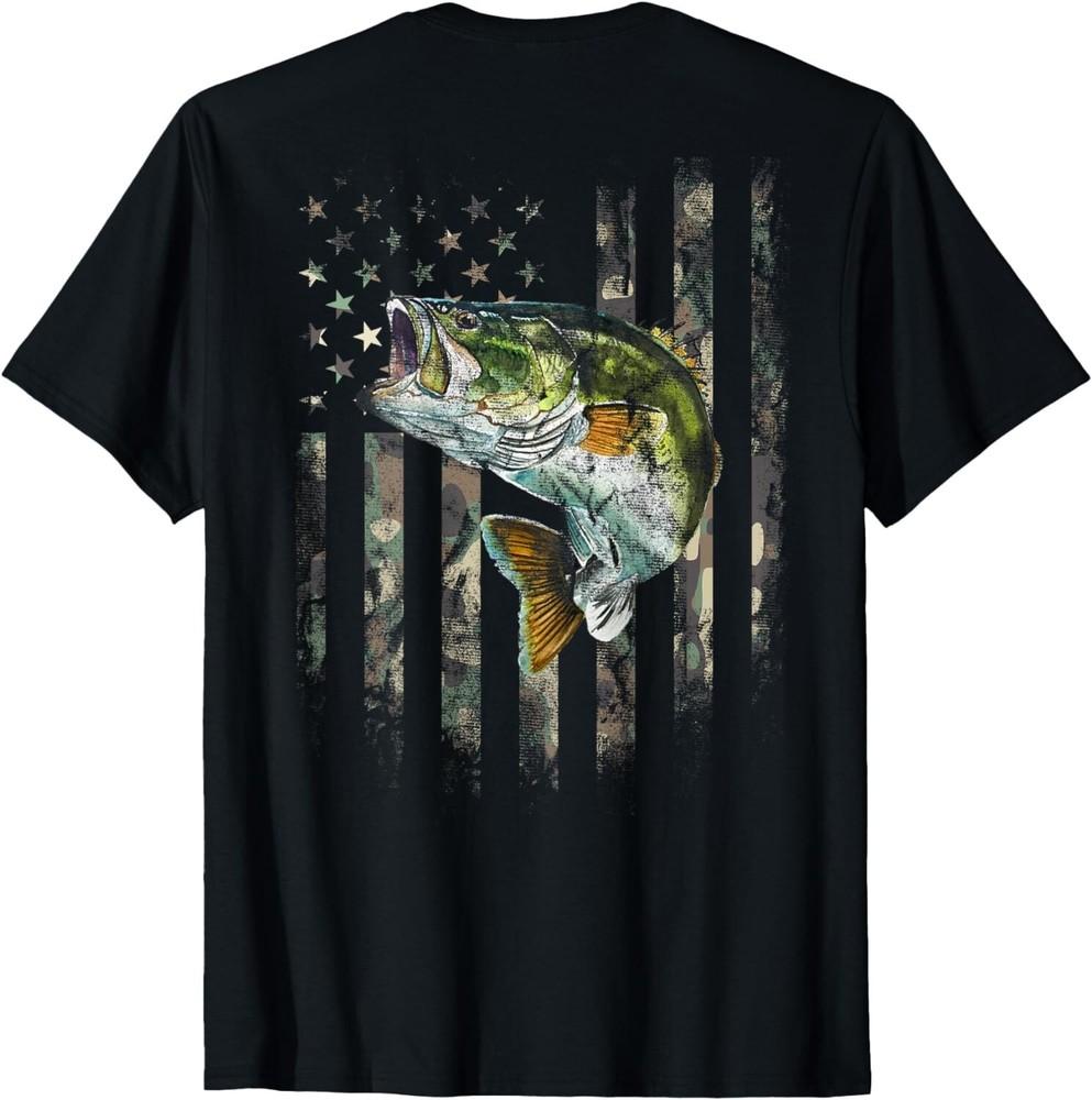American Flag Print On the Back Camo Bass Fish Fishing Gift Unisex T-Shirt