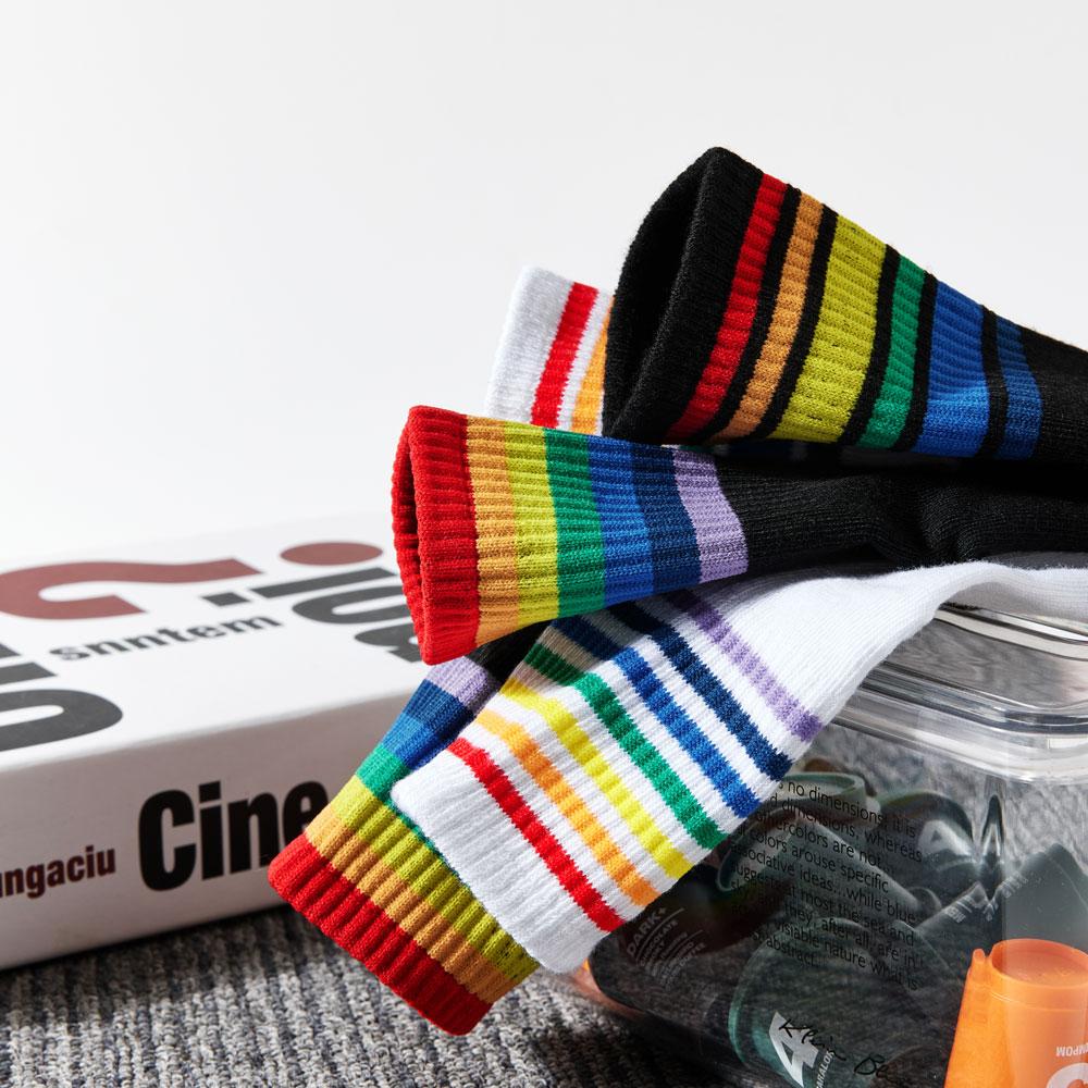 5 пар женских радужных носков, хлопковые милые полосатые белые носки, японские забавные носки в стиле Харадзюку, каваи