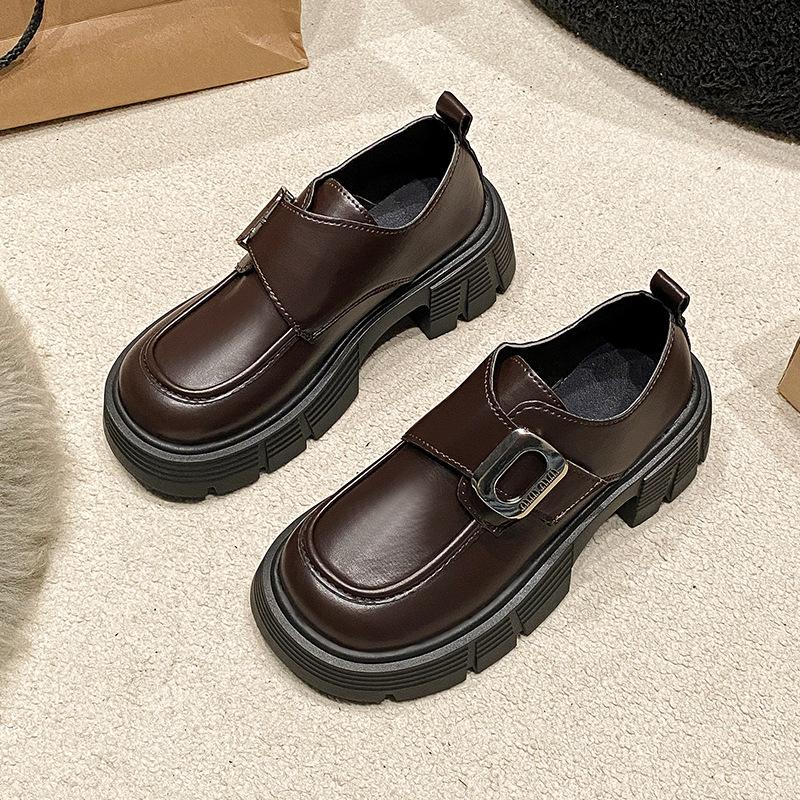 Loafers Women's Spring and Autumn New Platform Heightening Retro Velcro Small Leather Shoes Thick Heel British Commuter Shoes