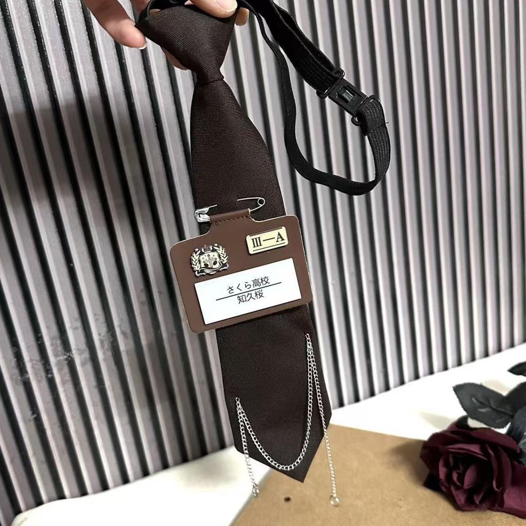 Campus Preppy Necktie with Pin Name Badge and Chain Student Uniform Adjustable Pre Tied Neck Tie Shirt Collar Neckwear