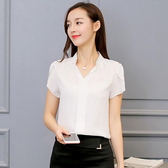 Летняя футболка с коротким рукавом и V-образным вырезом, модная однотонная шифоновая женская блузка-топ