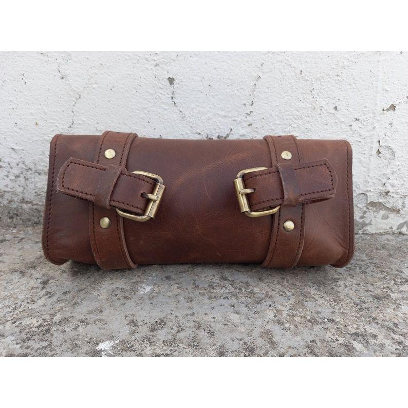 Leather Bag Motorcycle Pouch Brown Saddle Buffalo Leather Bag Bike Small Tool Bag Front Fork Handlebar Leather Saddlebag Pouch