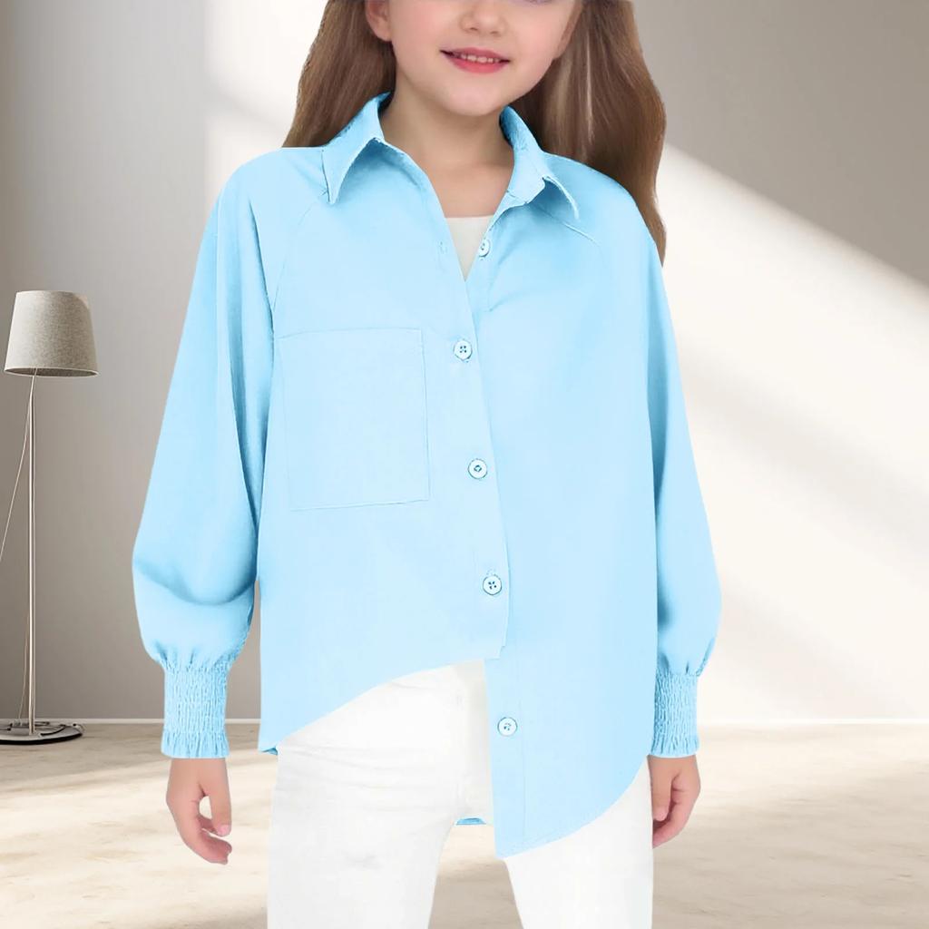 Детская мода Цвет Свободный крой Для девочек Удобная рубашка с длинным рукавом Топ Для детей постарше
