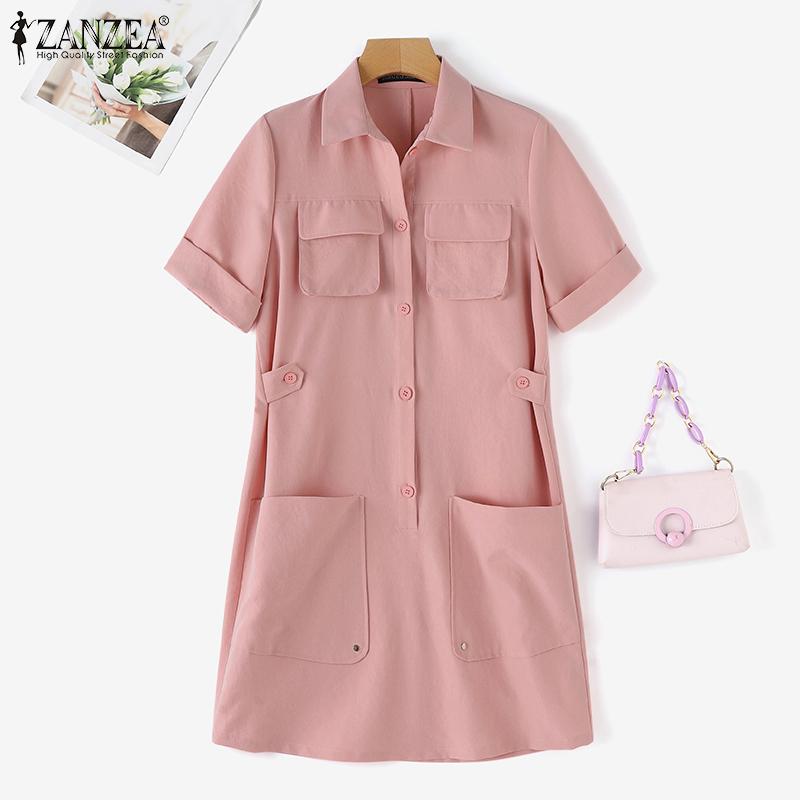 ZANZEA Женское повседневное платье-рубашка с отложным воротником и коротким рукавом