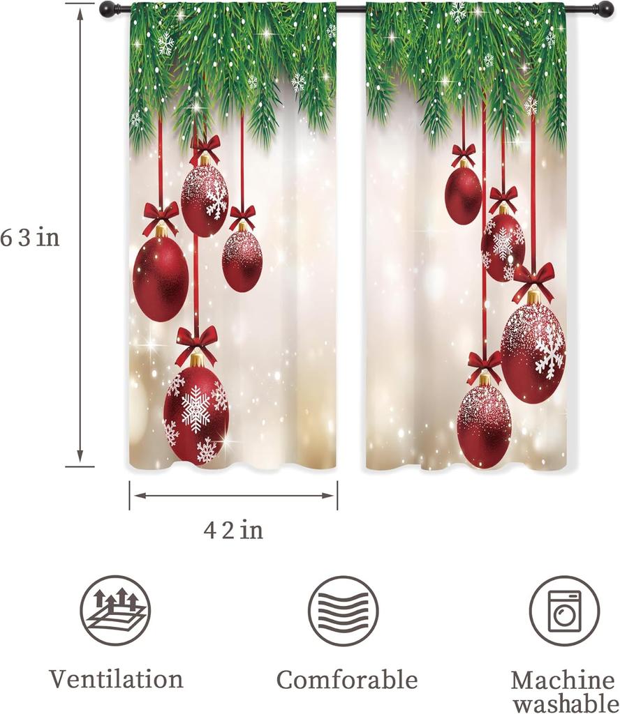 Christmas Ornament Curtains Red Bauble Snowflake Print for Living Room Holiday Decor