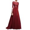 Women Prom Party Dress Round Neck Lace Flower Embroidery Half Sleeve Tight Waist Patchwork Floor Length Pleated Lady Fall Winter Maxi Evening Dress