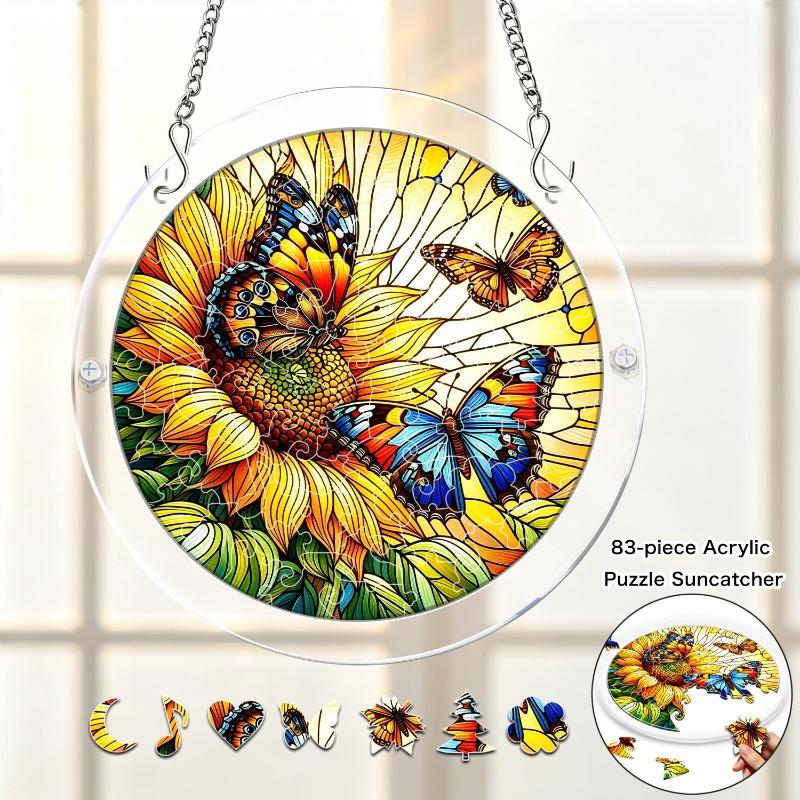 2D Flat, 1set/83pcs 18.8cm Acrylic Jigsaw Stained Glass Style Sunflower and Butterfly Acrylic Puzzle Sun Catcher, Vibrant Floral Garden Design with Pr