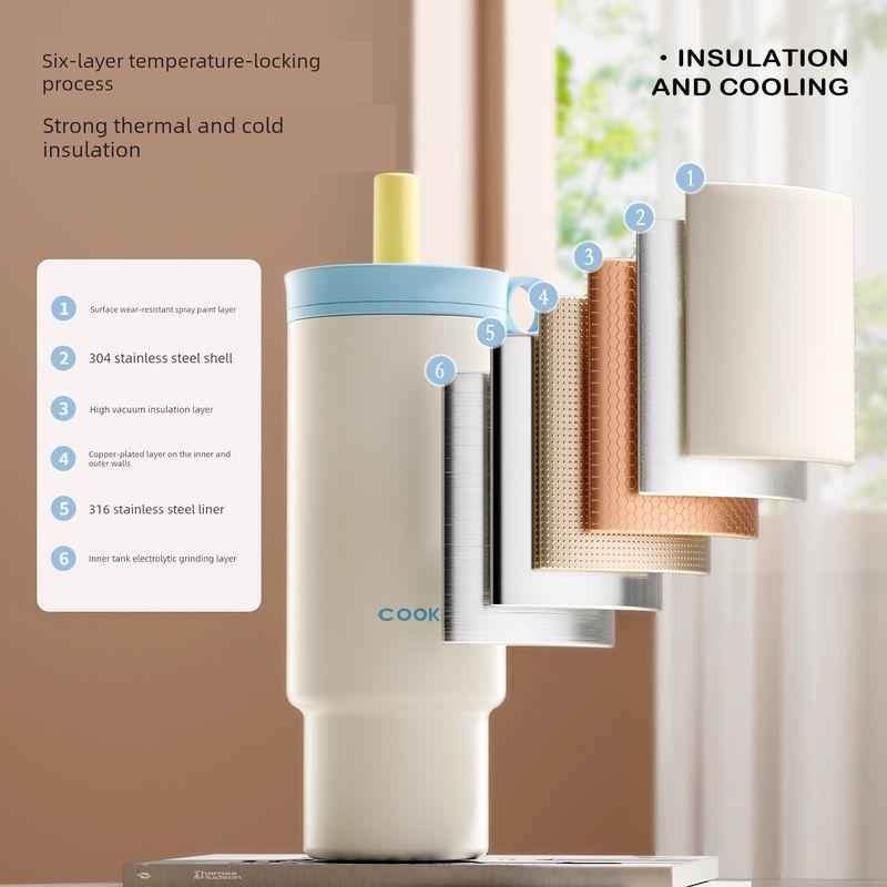 Cooking Emperor Large Capacity Insulated Cup Giant Ice Cup Women's New Cold-Keeping Car-Mounted Stainless Steel Straw Water Cup