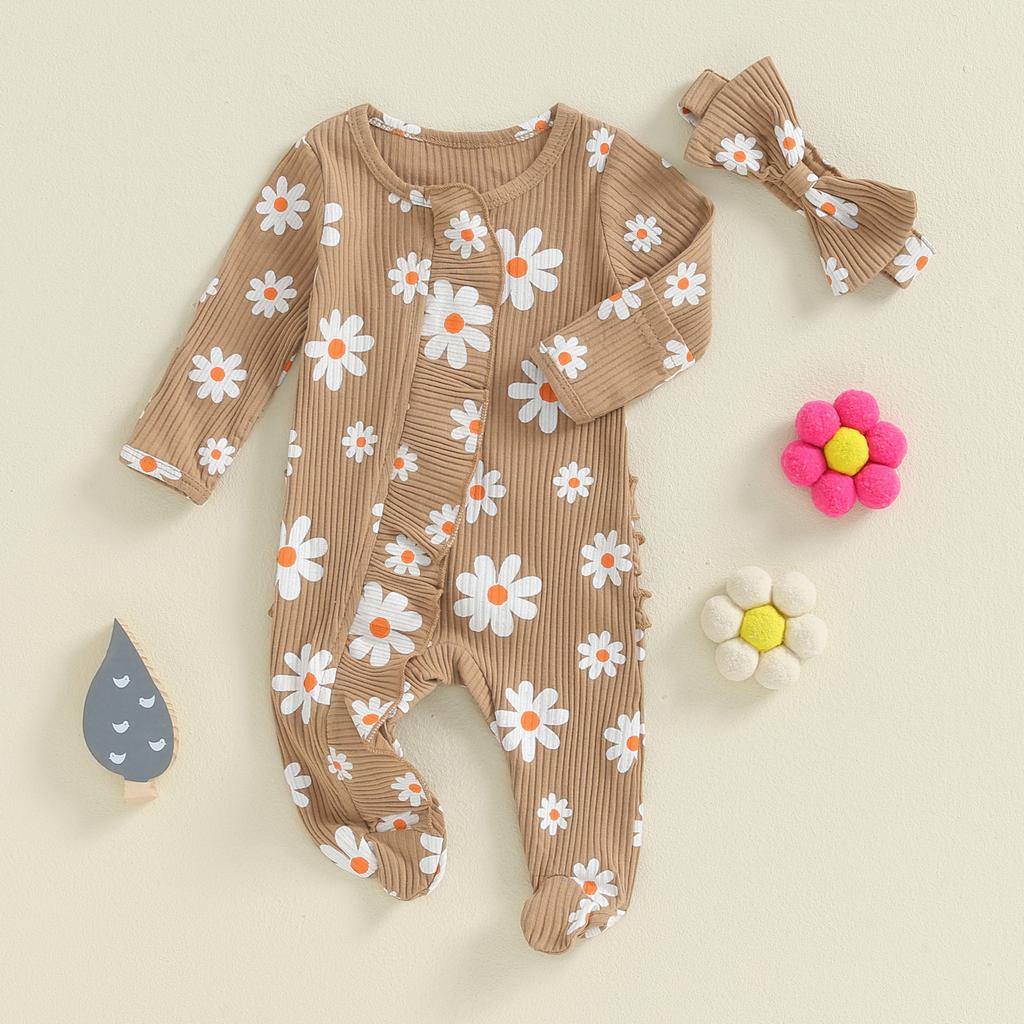 Детские комбинезоны для девочек, комбинезоны с цветочным принтом, круглым вырезом, длинными рукавами и оборками, осенняя одежда, боди с повязкой на голову