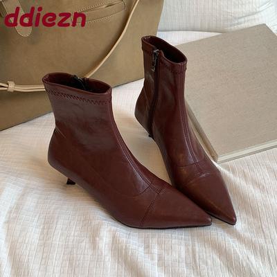 Модная женская обувь на низком каблуке Женские ботильоны стрейч Молнии Модные с острым носком Женские короткие современные ботинки Туфли-лодочки