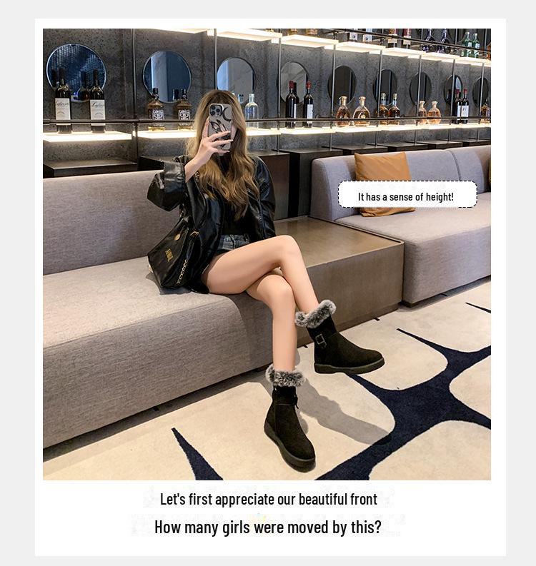 Женские зимние сапоги из замши и меха в стиле ретро 2024 года: Мягкий, нескользящий, короткий, на бархатной подкладке, плотный теплый хлопок.