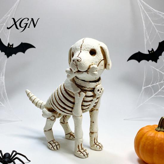 Weather Resistant Garden Statues Skull Puppy Resin Figurine, Halloween Retro Skeleton Dog Statue, Aged Sculptures Gothic Desktop Ornament for Bars And