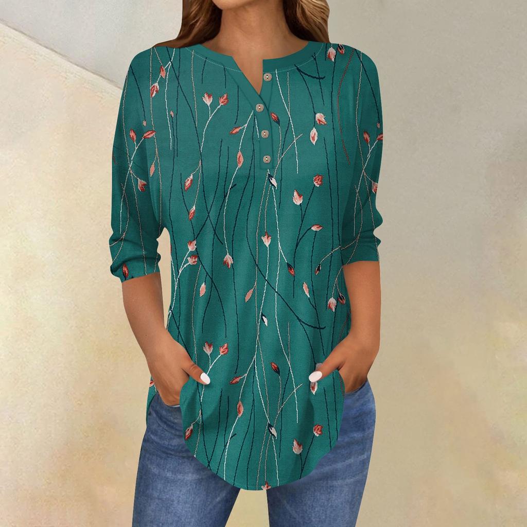 3/4 Length Sleeve Womens Tops Summer T-Shirts Floral Print V Neck Casual Basic Tee Button Shirts Tunic Tops
