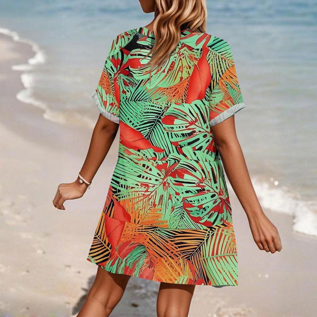Women's Fashion Smock Hawaiian Floral Casual Short Sleeve V-neck T-shirt Dress Holiday Beach Dress