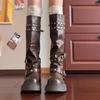 Женские сапоги в стиле вестерн-ковбой, модные осенние сапоги до колена, женские длинные сапоги из искусственной кожи в стиле панк, черные заклепочные штаны