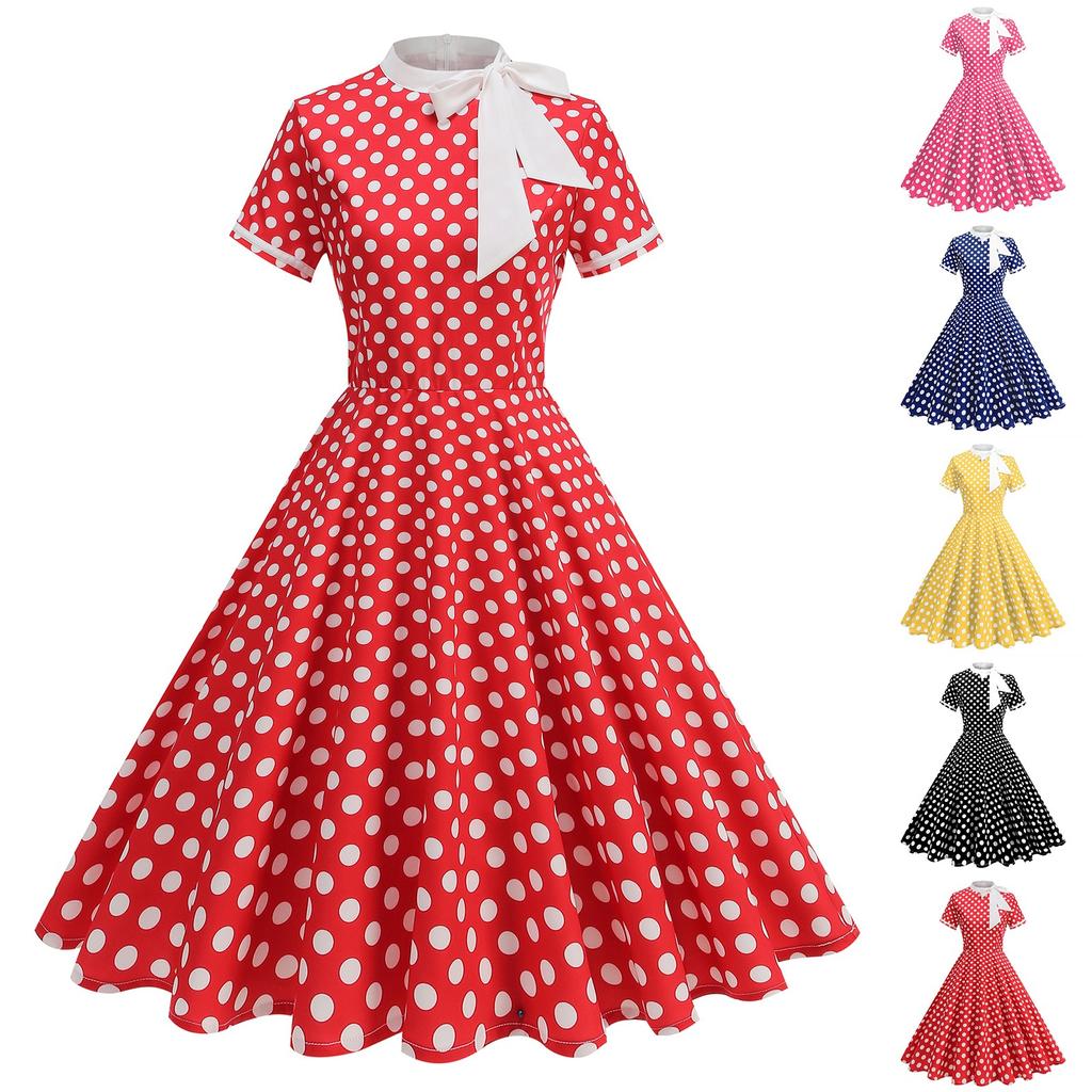 Women's Fashionable Fresh Polka Dot Long And Long Swing Retro Dress