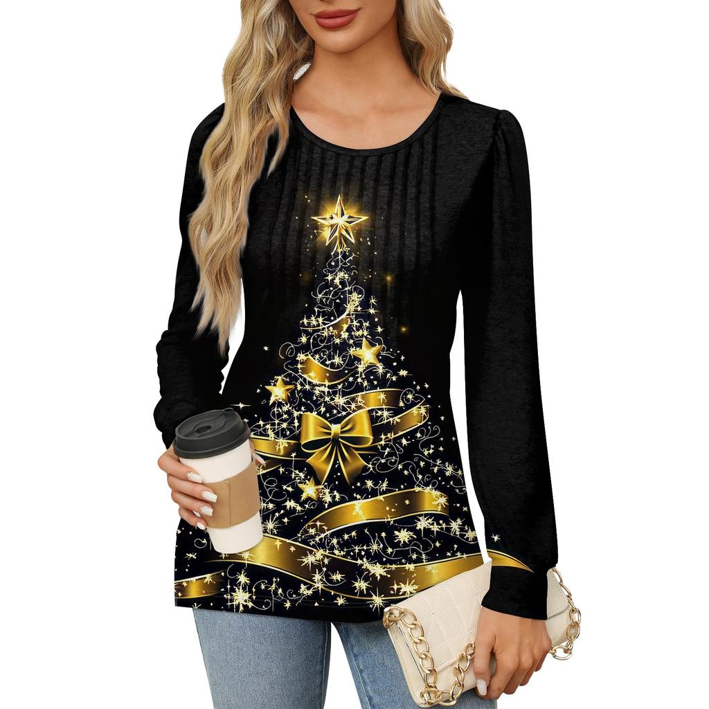 Рубашки с длинным рукавом для женщин Милые принты Графические футболки Блузки Нарядные повседневные блузки Плиссированные туники с круглым вырезом Топы Рождество