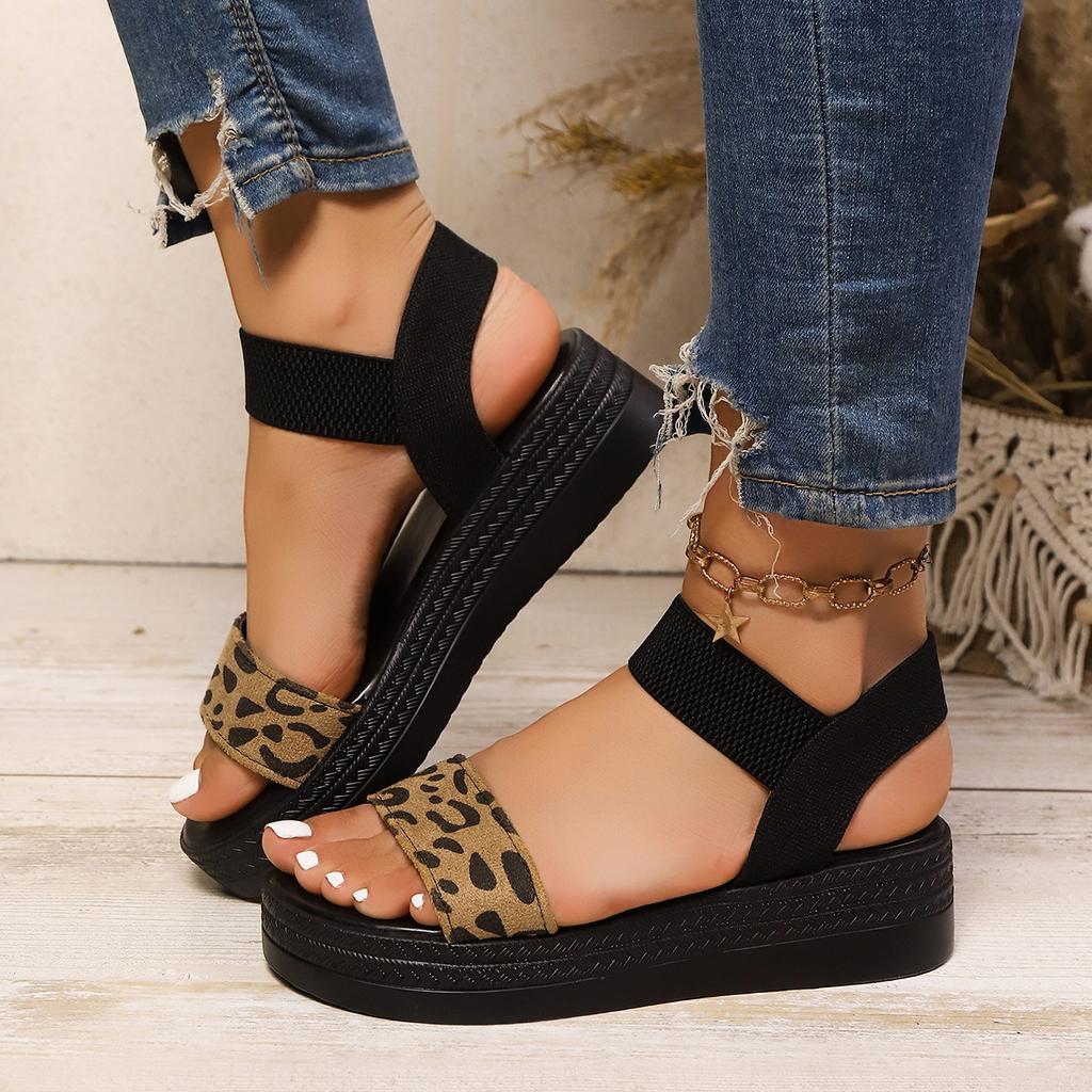 Women's Wide Width Platform Sandals, Elastic Slip-On Wedge Heels, Leopard Print Wholesale Slides for Women