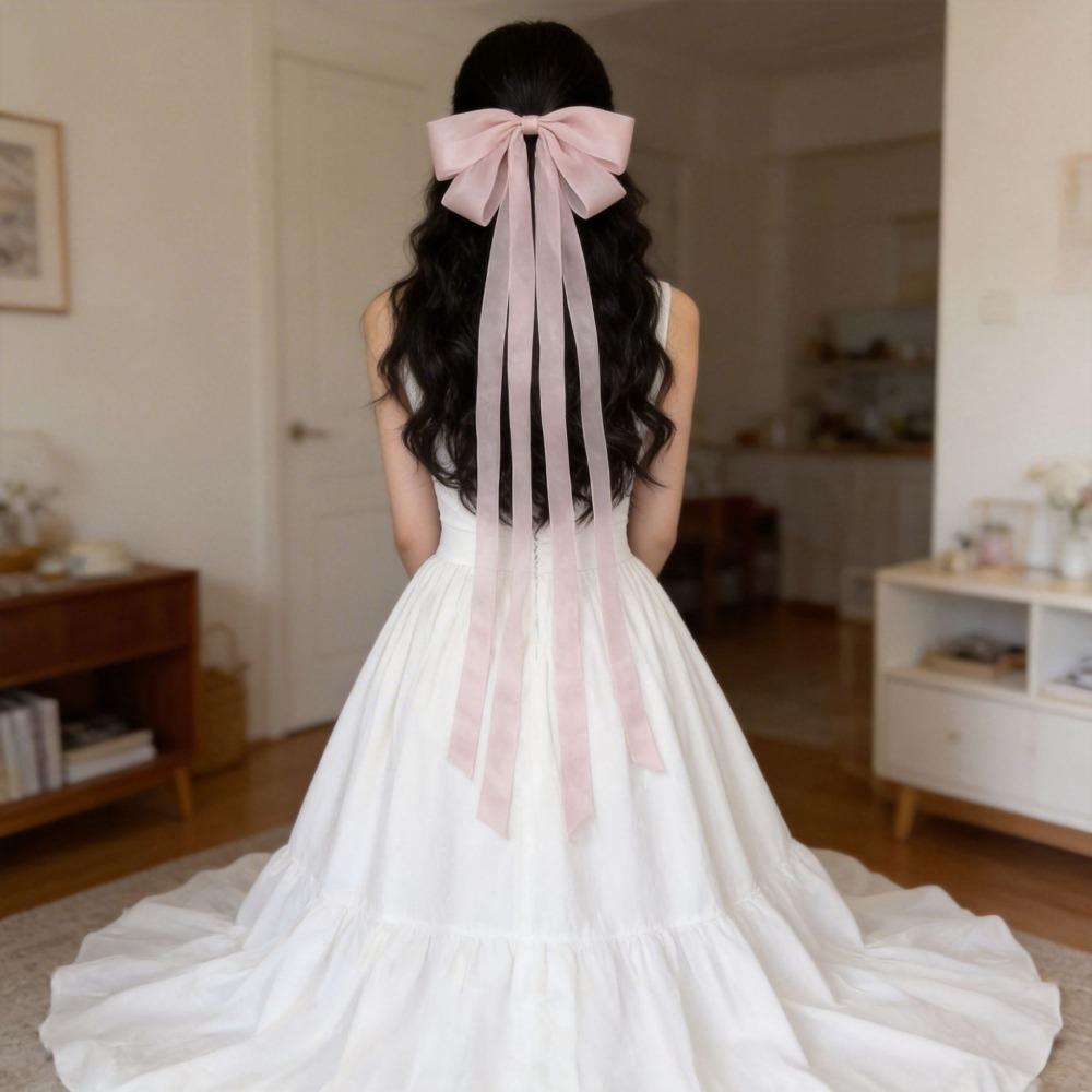 New Solid Color Hair Clip Long Ribbon Bow Sweet Style Bun Holder Hair Styling Decorative Ponytail Holder Wedding