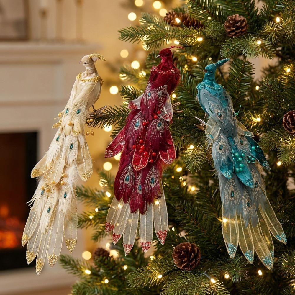 Feather Birds Christmas Peacock Ornaments Clip-On Faux Peacock Figurine Home Party Decor