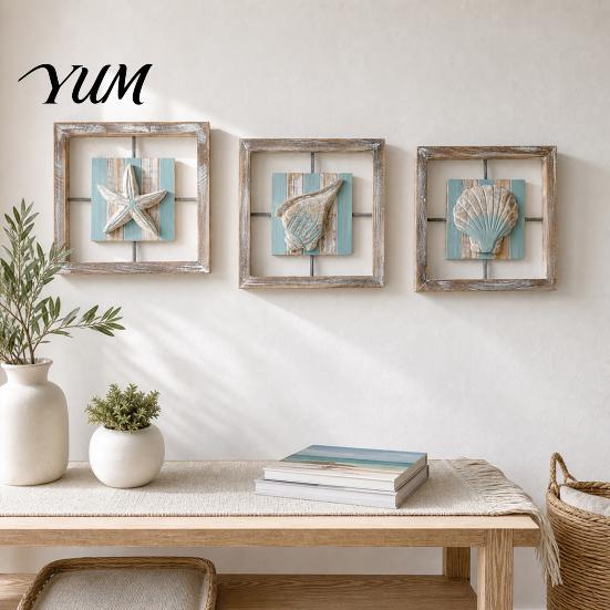 Waterproof Wood Wall Art 3D Conch/Starfish/Shell Wooden Frame Art, Distressed Coastal Style Decoration, Decorative Set for Home Ocean Inspired