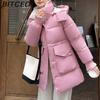 Plus Size Women's Mid-Length Winter Coat with Waist-Defining Hood, Oversized Pockets and Thickened Quilted Lining