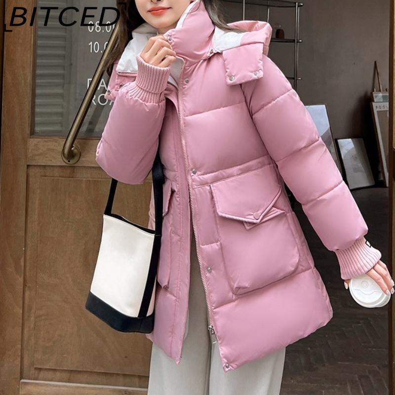 BITCED Plus Size Women's Mid-Length Winter Coat with Waist-Defining Hood, Oversized Pockets and Thickened Quilted Lining
