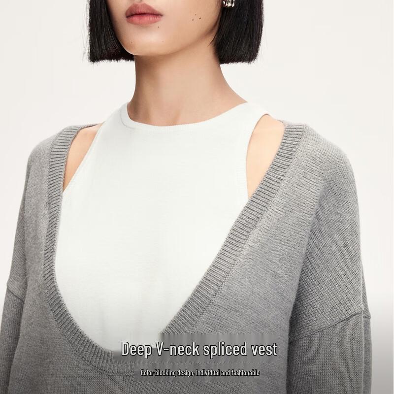 VEROMODA Women's Faux Two-Piece U-Neck Color-Block Long-Sleeve Knit Sweater