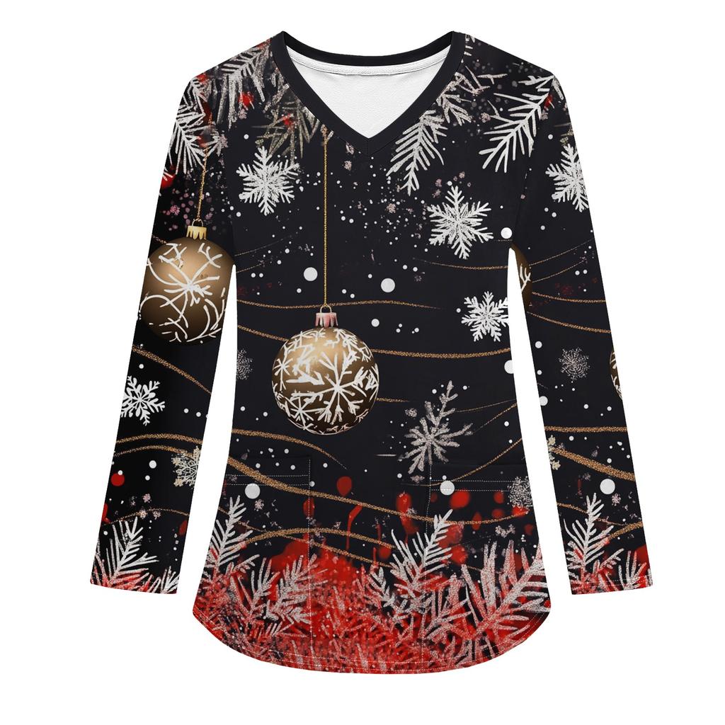 Женская модная рабочая одежда с V-образным вырезом, длинным рукавом и карманом, рождественский принт, футболка, топ