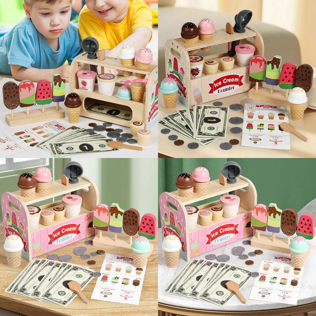 Wooden Pretend Kids Ice Cream Shop Playset With Natural Finish For Birthday Gift