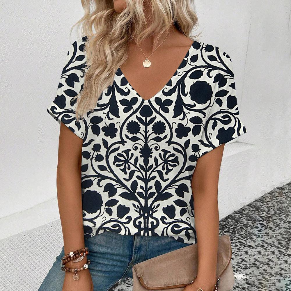Elegant Women's V-Neck T-Shirt Fashion Floral Pattern Print T-Shirt Popular Women's Short Sleeve T-Shirt Summer Leisure T-Shirt