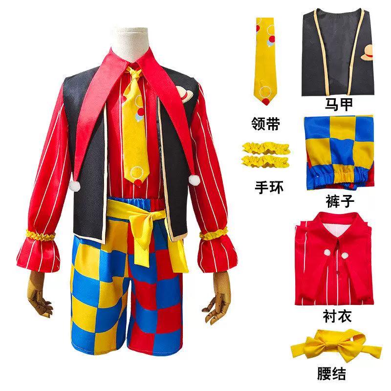 One Piece Monkey D Luffy Circus Clown Cosplay Costume, 6‑Piece Full Set Anime Halloween Role‑Play Outfit for Adults & Kids