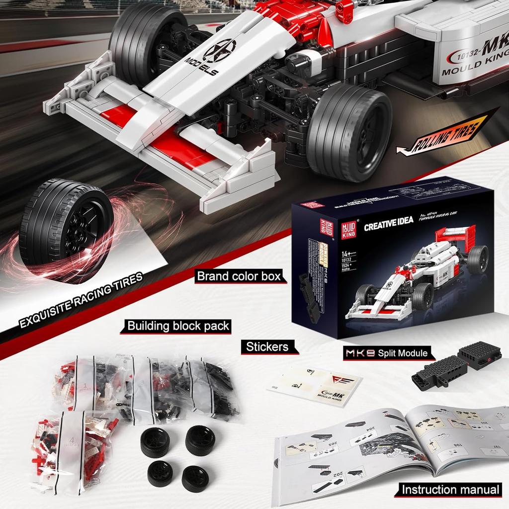 MOULD KING 10132 Модель гоночного автомобиля Формулы-1 1:10 суперспортивных конструкторских блоков для сборки спортивных автомобилей с зажимами (1524 детали)