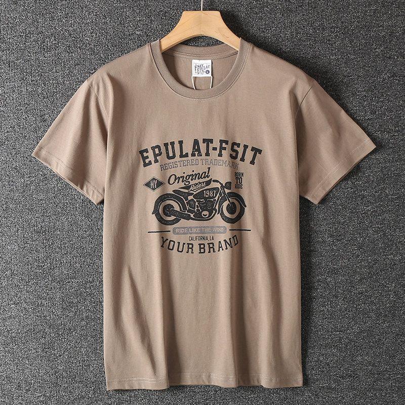 Trade American-Style Heavyweight Short-Sleeved T-Shirt for Men, Summer Pure Cotton Retro Motorcycle Print Versatile Round-Neck Half-Sleeve T-Shirt