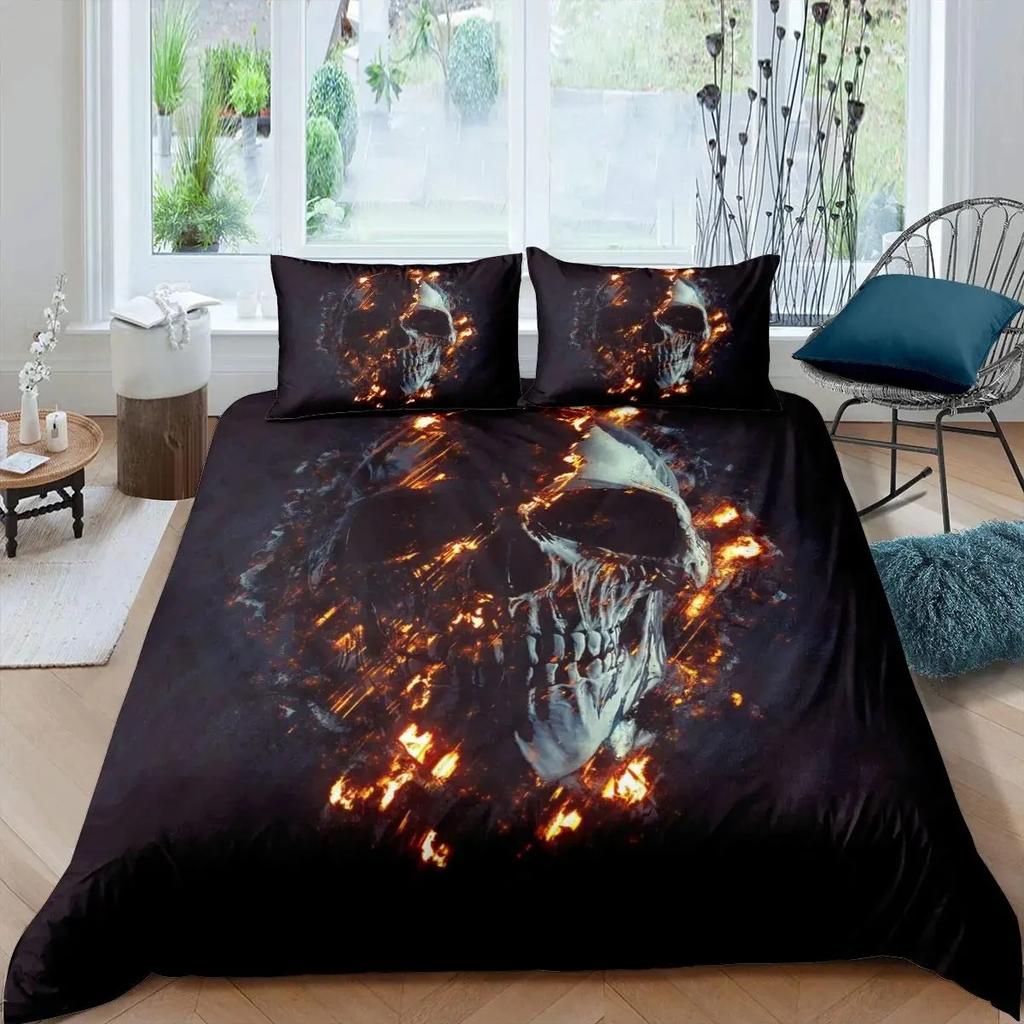 Black Blue Flame Skull Duvet Cover Set Full Size 3D Skeleton Bones Bedding Set Gothic Comforter Cover Horror Skull Quilt Cover