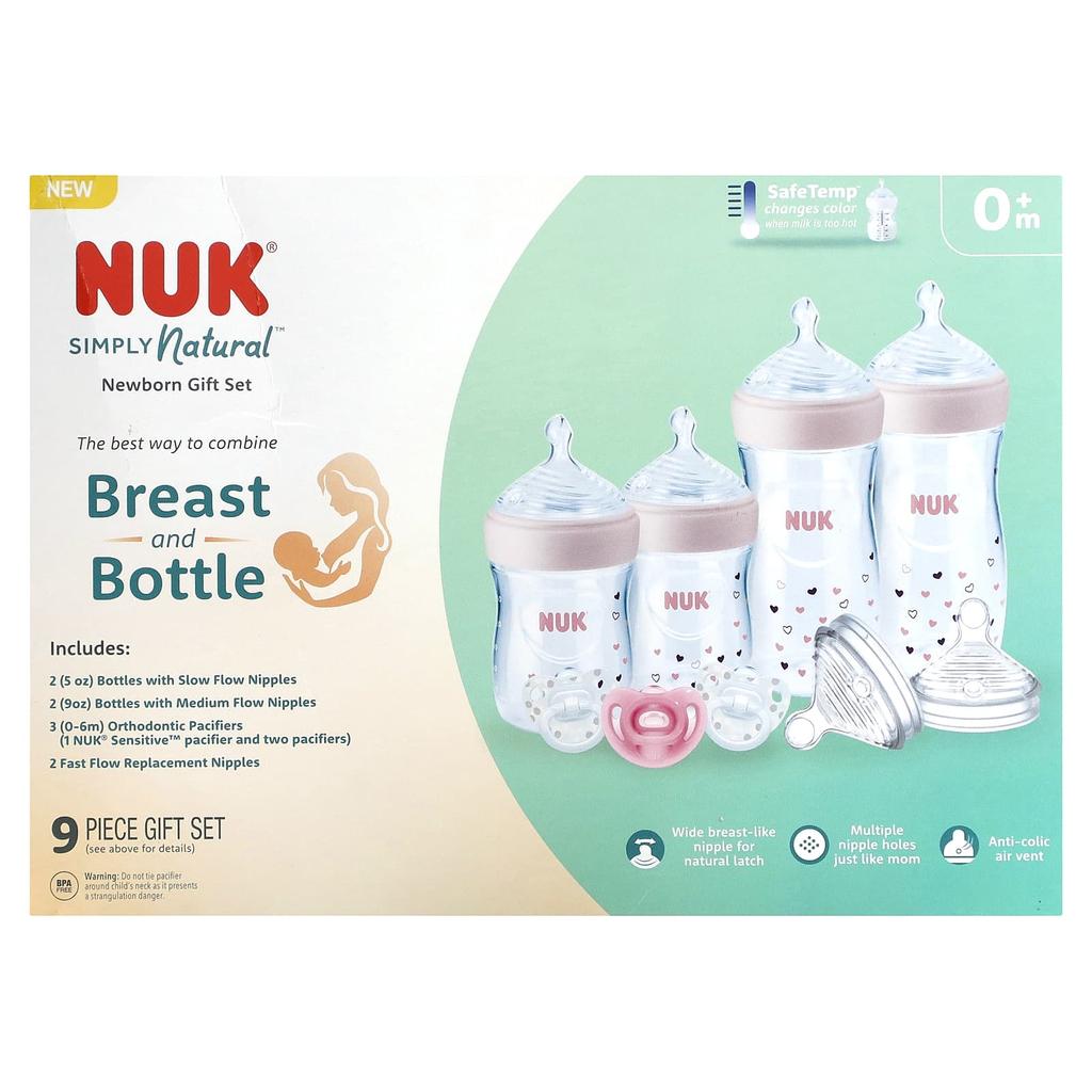 Nuk Simply Natural Baby Bottle with SafeTemp, Newborn Gift Set, Ages 0+, 9 Pieces
