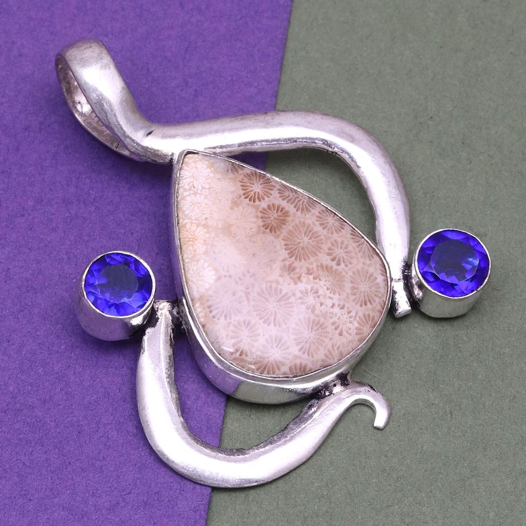 Fossil Coral Tanzite Gemstone Mother's Day Silver Jewelry Pendant  1.75"