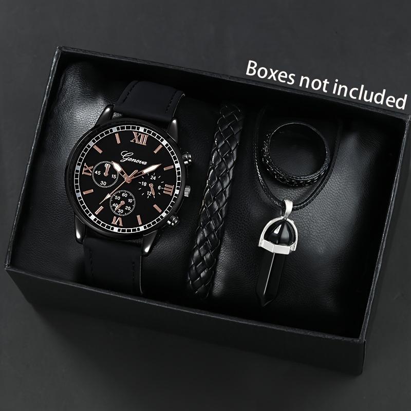 Men'S Casual Fashion Business Black Shell Three Eyes Belt Quartz Watch Set