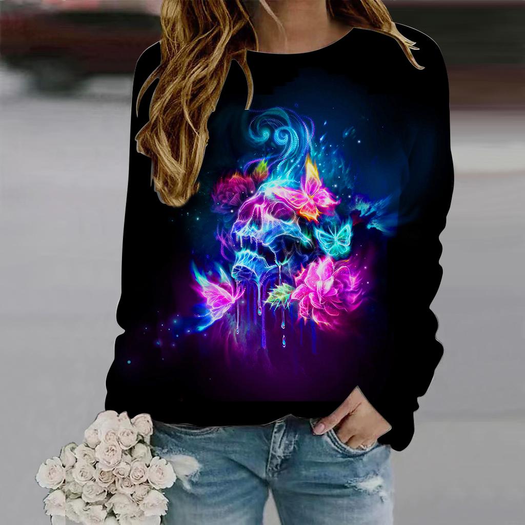 Fall Autumn Women'S Fashion O Neck Long Sleeve T-Shirt Loose Clothes Human Skeleton Print T Shirt