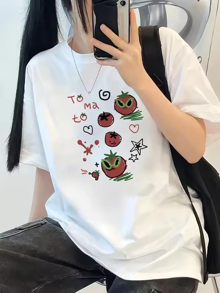 Korean Version of Cool and Cute Tomato Print Girls Versatile Retro Round Neck Short Sleeve 2025 Summer New Female Casual Tops