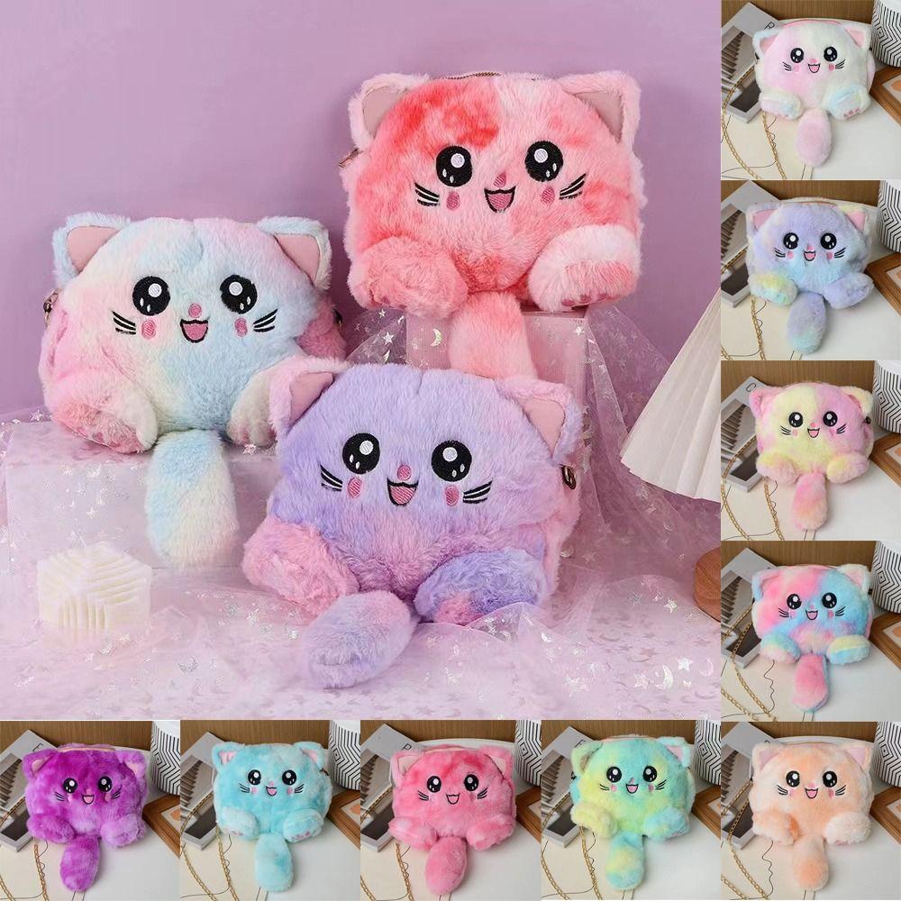 Rainbow Cat Shoulder Bag Faux Fur Stuffed Doll Bag Portable Plush Crossbody Bag  Streetwear