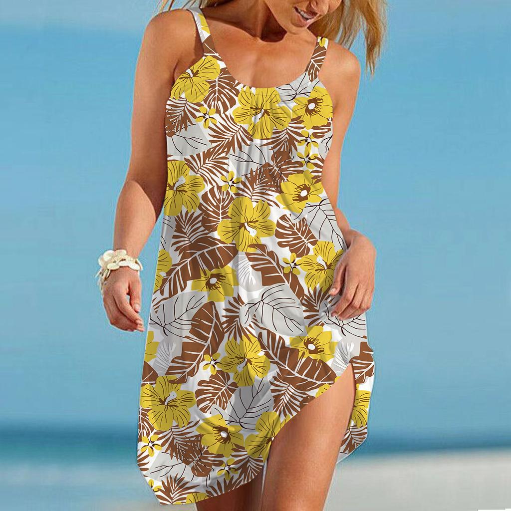 Пляжная одежда Мини-платье с принтом листьев Повседневное современное платье без рукавов Свободный крой Повседневное летнее платье для улицы