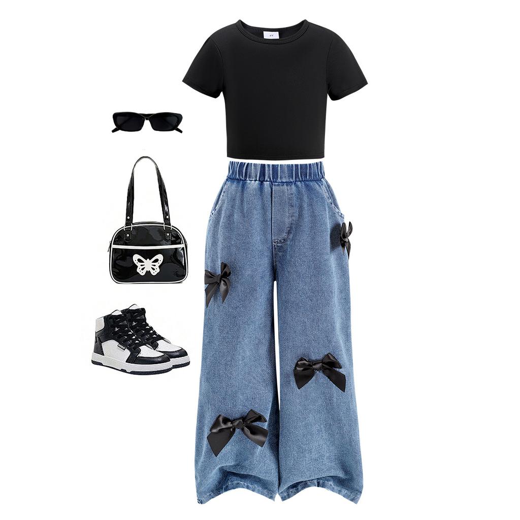 Комплект одежды для девочек 2025 года, летняя детская повседневная черная футболка с короткими рукавами + длинные брюки с бантом