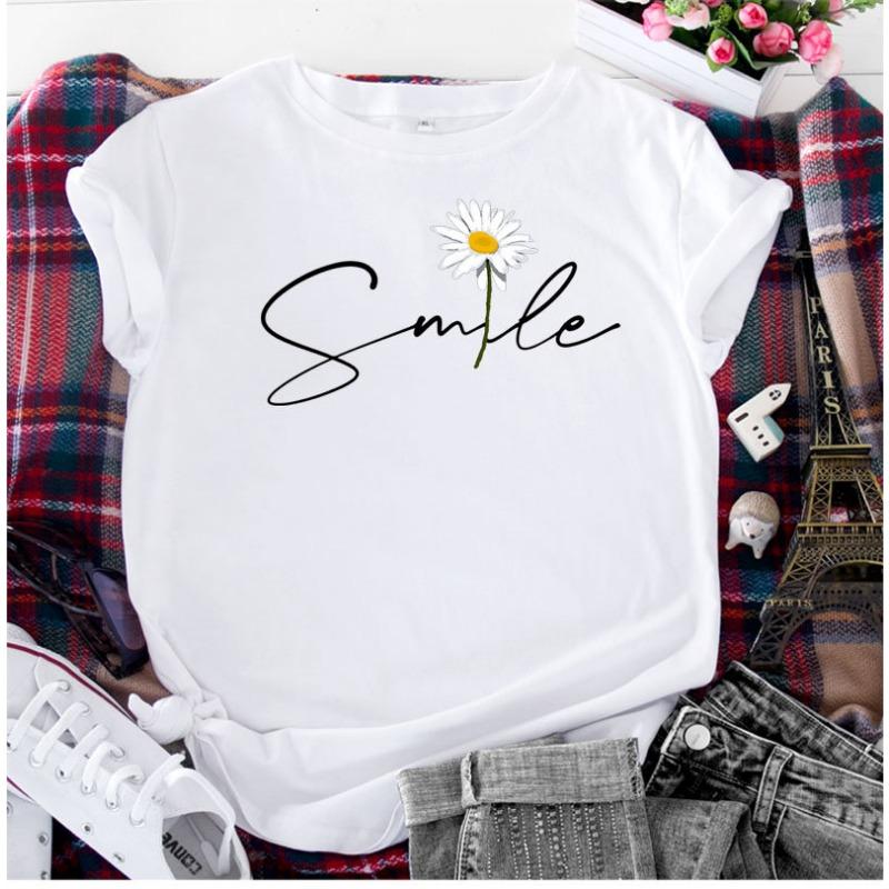 Summer Round Neck Daisy Pattern Printed Top Fashionable Casual Short Sleeved Women's Pure Cotton T-shirts