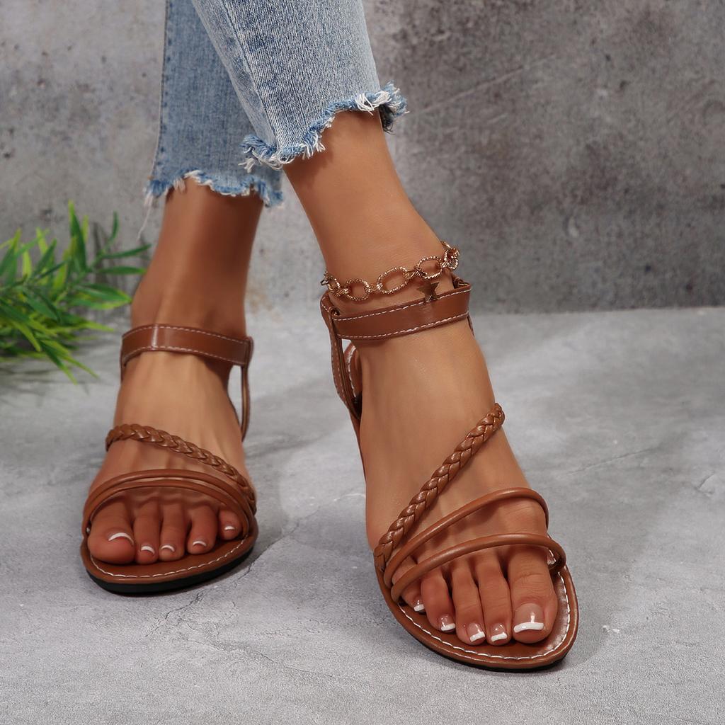 Сандалии большого размера на плоской подошве с эластичной резинкой для женщин, лето 2025, новые плетеные повседневные сандалии с открытым носком для женщин