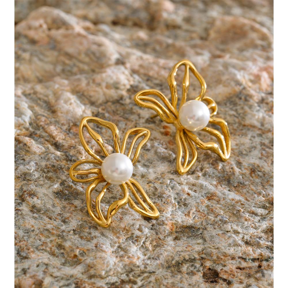 Eetit 2025 Stainless Steel Pearls Hollow Flower Stud Earrings Gift Gold & Platinum PVD Plated Modern Daily Jewelry Anti Allergic