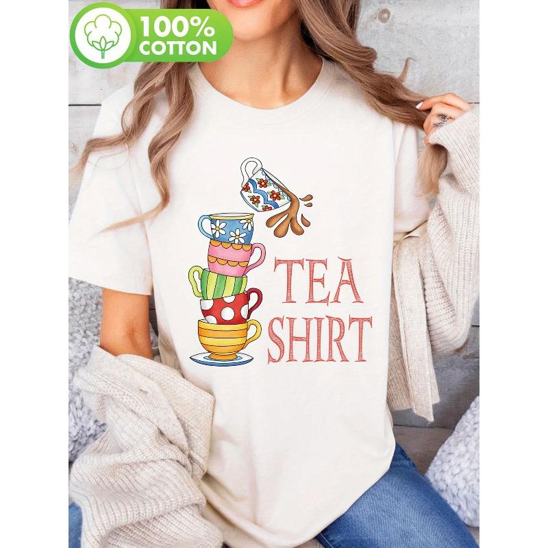 Милые и интересные чайные чашки, расположенные среди стопки высоких чашек, Футболки с принтом, Повседневные топы с коротким рукавом и круглым вырезом, для лета и весны,
