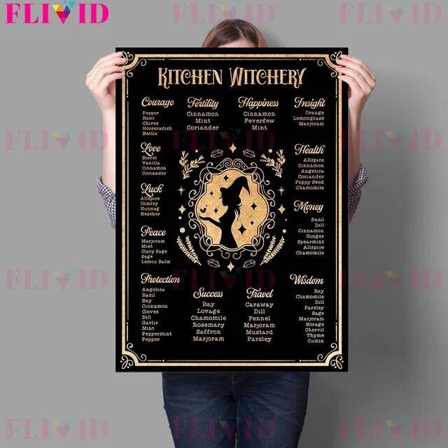 Ведьмы Кухонные правила и травы Волшебные блюда Винтажная настенная живопись на холсте Волшебный знак и кошки Ведьмы заклинания Плакат с принтом без рамки