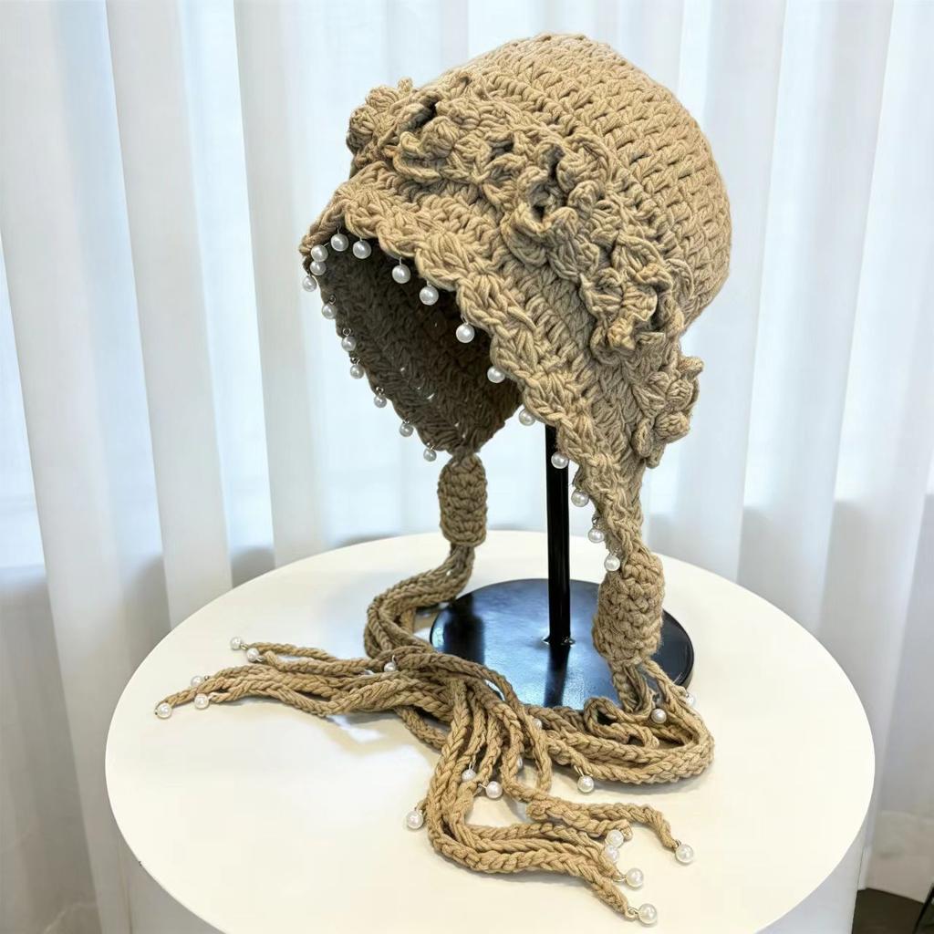Pearl tassel three-dimensional flower knitted wool hat women's spring hand-woven ethnic style light pullover hat tide